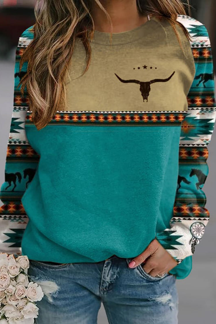 Western Print Paneled Long Sleeve Casual Sweatshirt