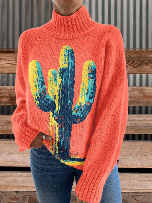 Cactus Print Knit Turtleneck Pullover Sweater