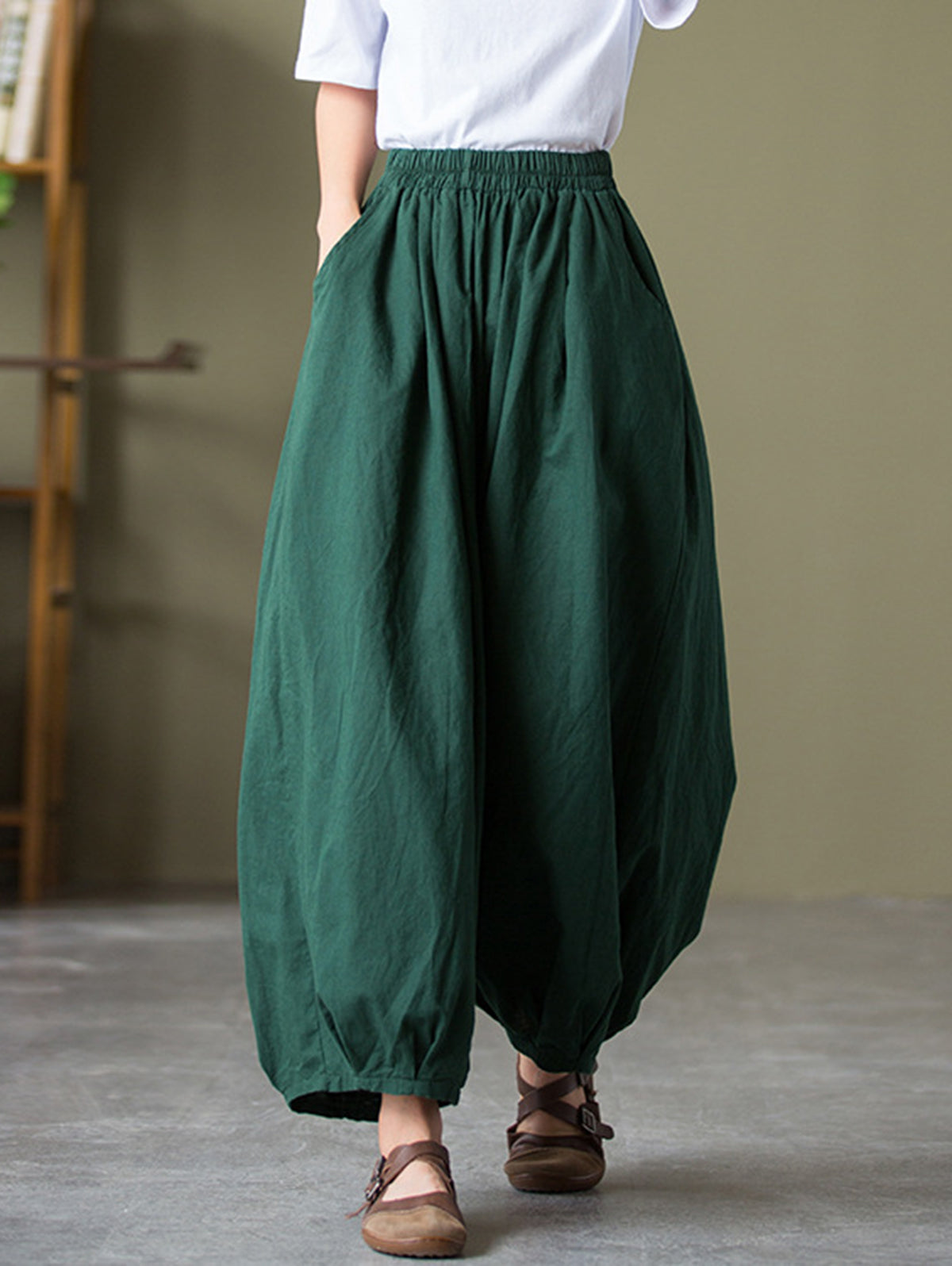 Casual Solid Slant Pocket Elastic Waist Wide Leg Pants