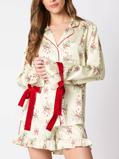 Festive  Mistletoe Print Bow Tie Pajama Set