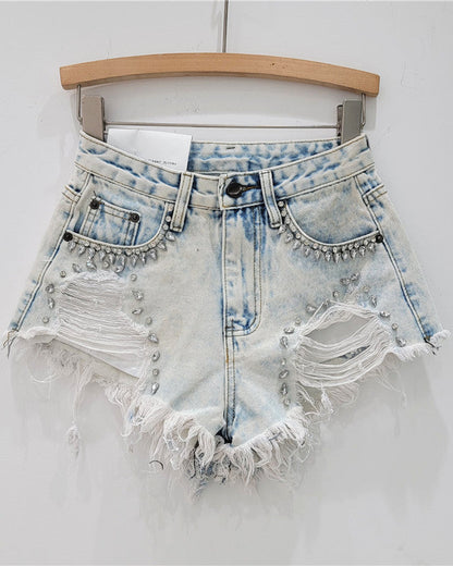 Diamond-Encrusted Frayed Denim Shorts