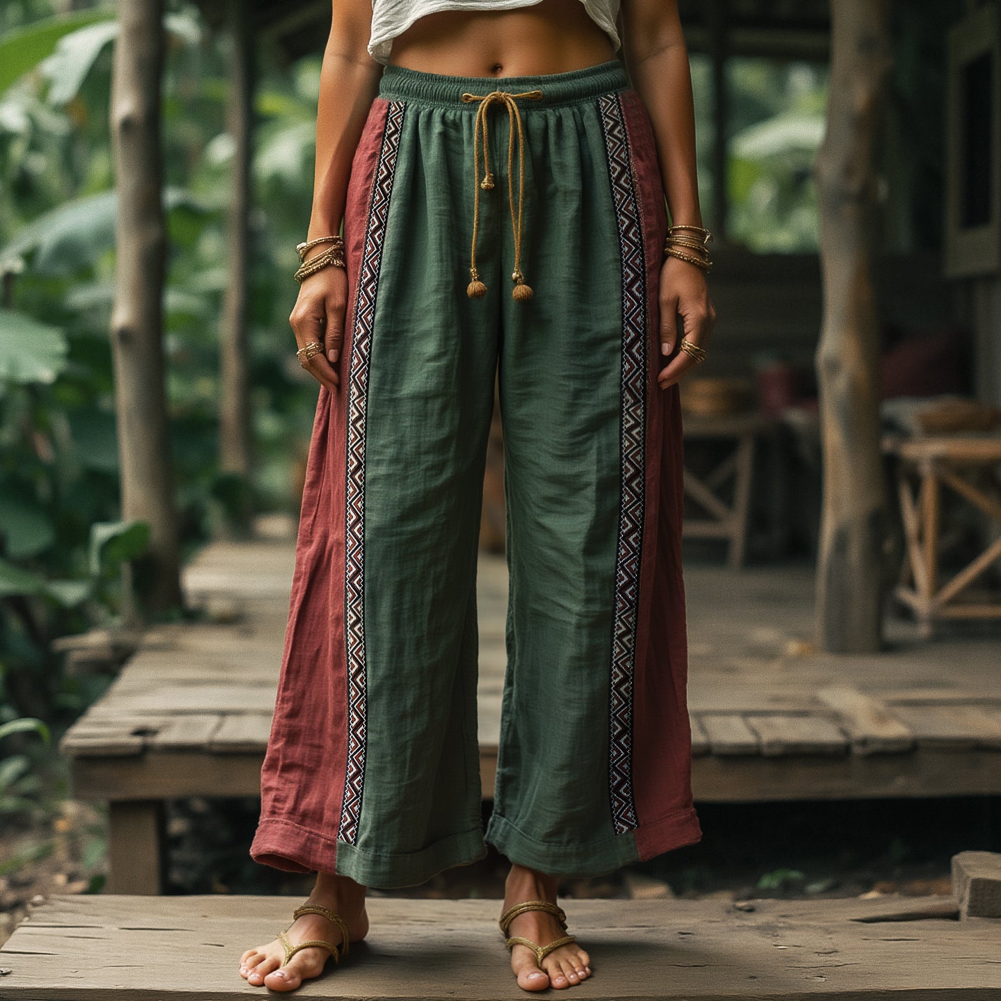 Unisex Retro Ethnic Style Ribbon Cotton And Linen Long Wide-leg Casual Pants