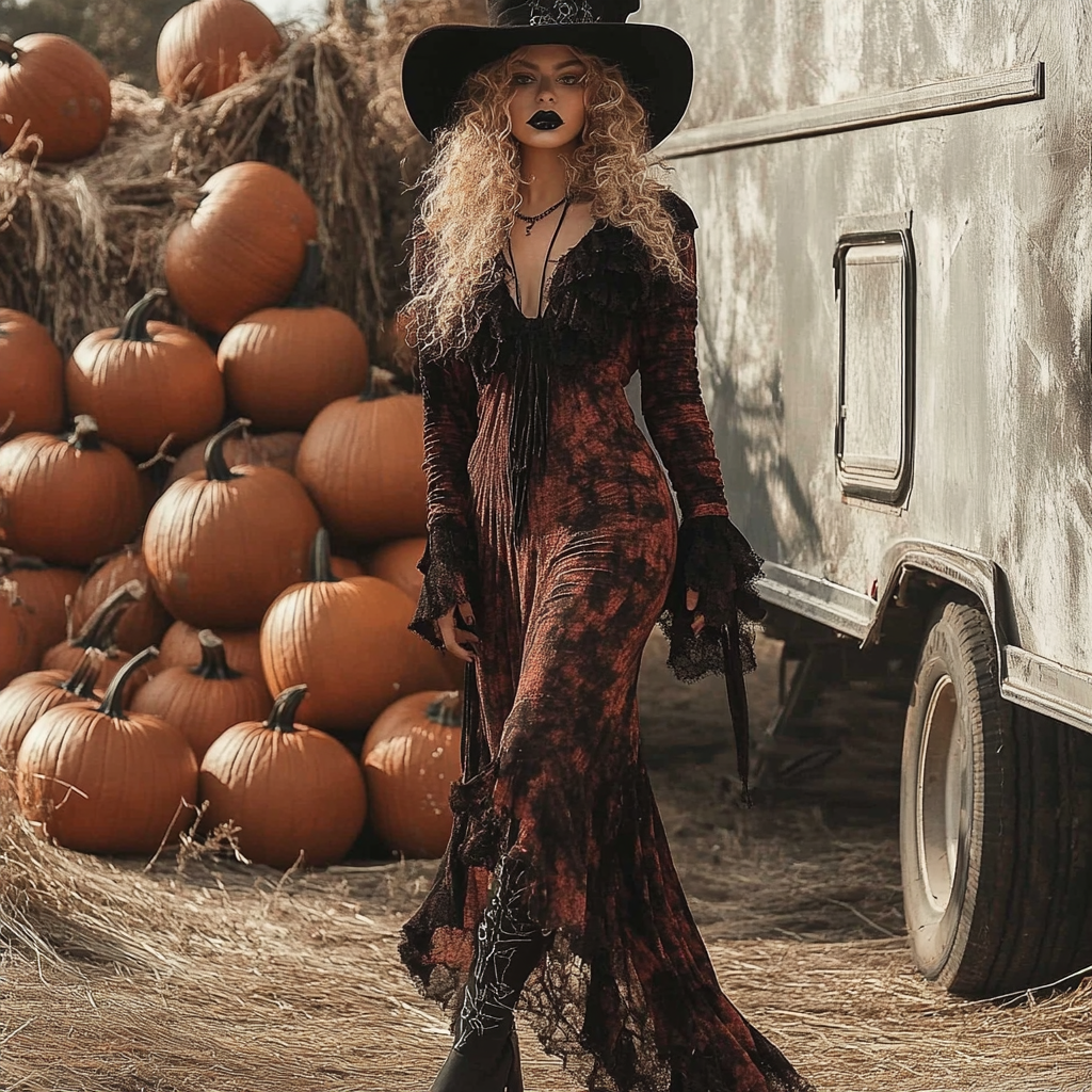 Retro Halloween Witch Tie-dye Contrast Color Long-sleeved Dress