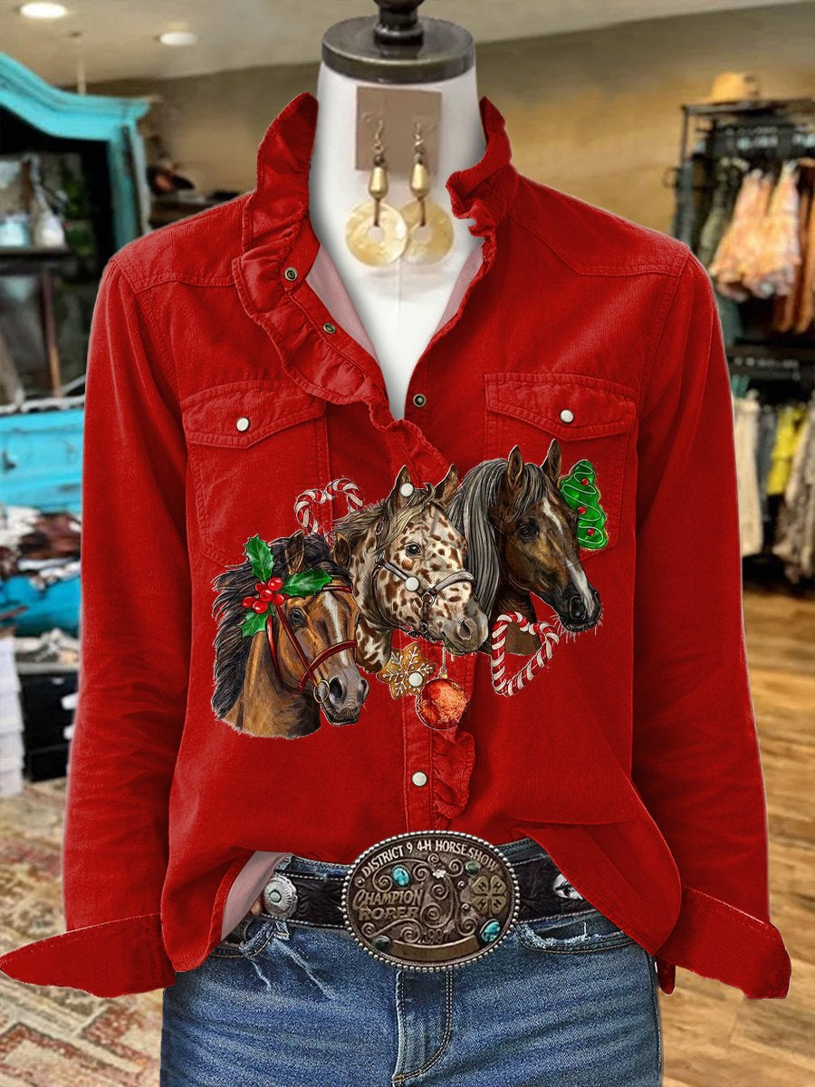 Women's Red Vintage Christmas Horse Print Casual Long Sleeve Comfortable Cotton Shirt