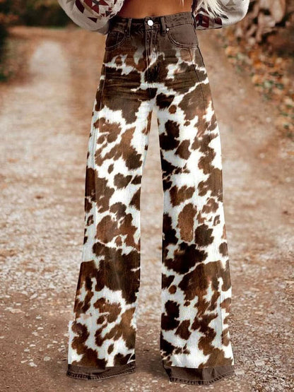 Women's Cow Texture Animal Pattern Print Casual Wide Leg Pants