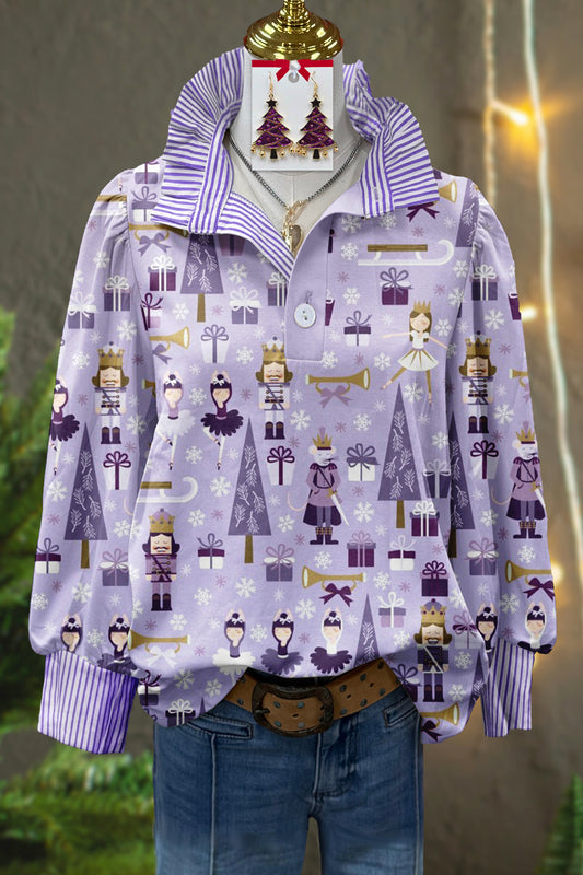 Fresh Nutcracker Print Stand Collar Blouse