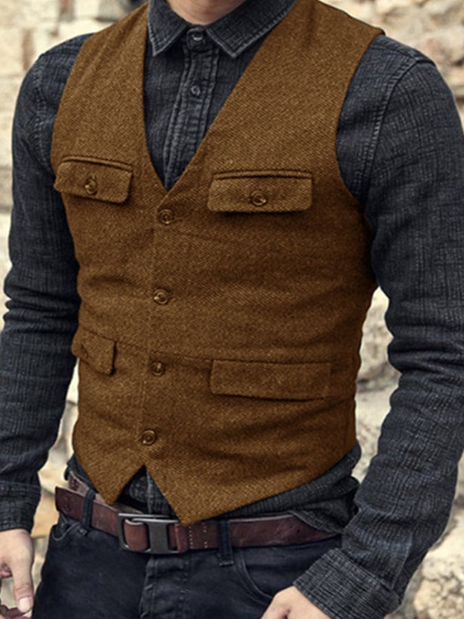 Temperament Men's Retro Single-Breasted Slim Wool Vest Vest