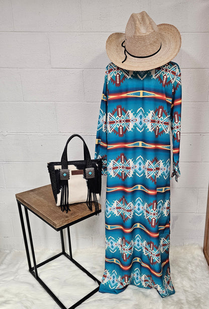 Teal Aztec Long Shirt Dress Duster