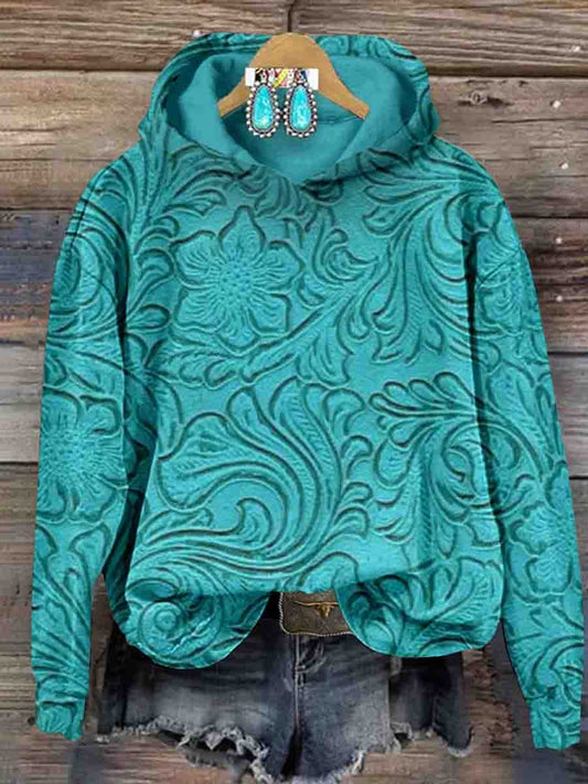 Vintage Turquoise Floral Casual Hoodie Sweatshirt