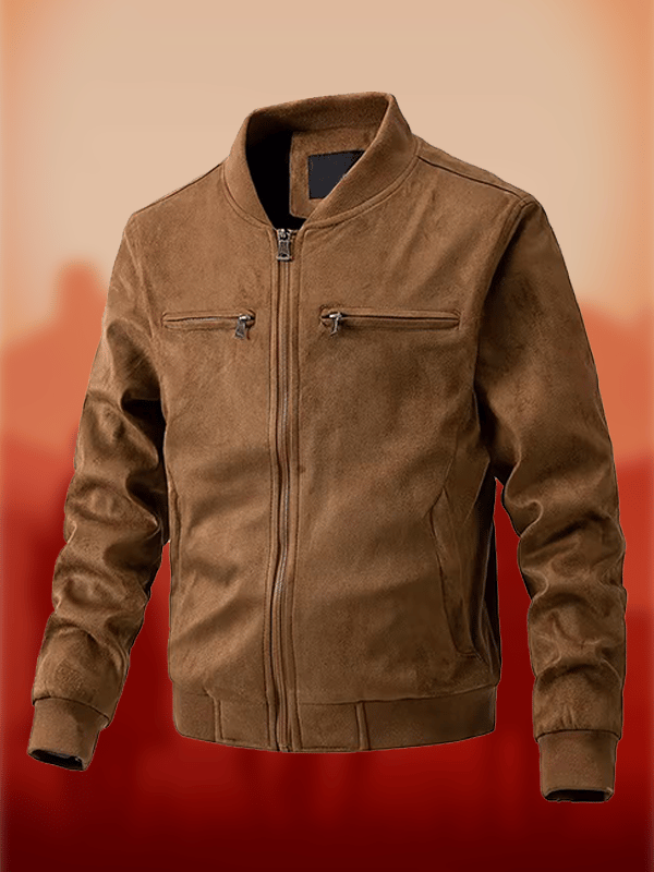 Western Men's Suede Stand Collar Men's Jacket Double Zipper Pockets Jacket Outerwear