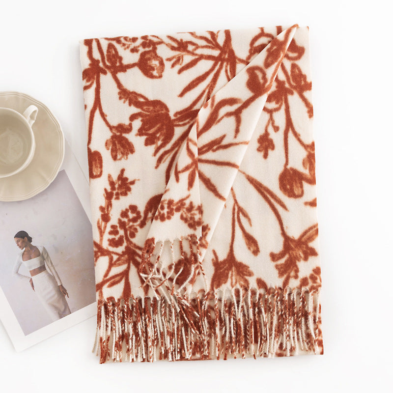 Classic Floral Print Soft Tassel Scarf