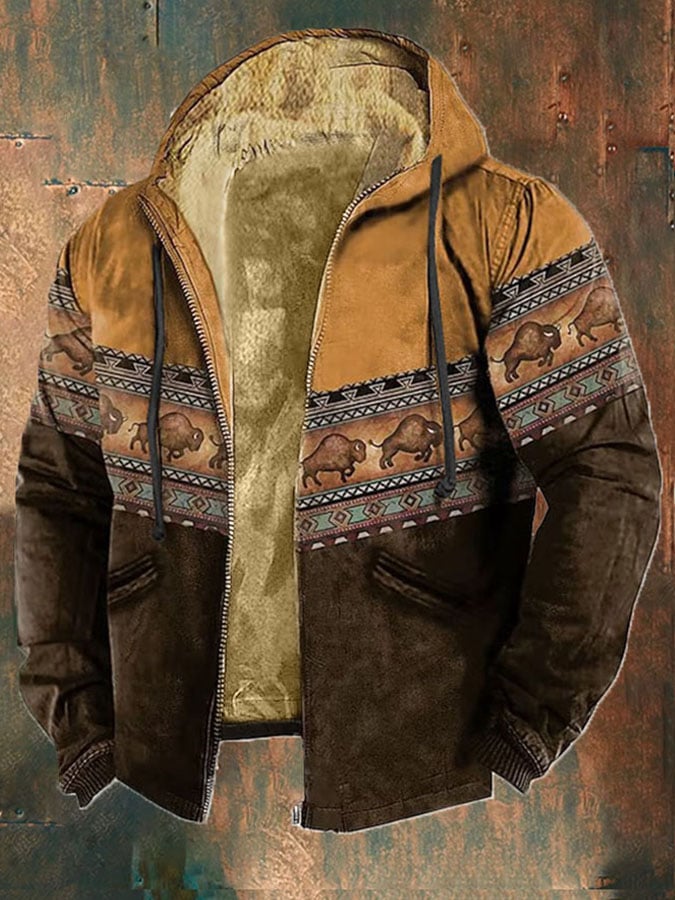 Men'S Retro Western Print Cotton Zipper Outerwear