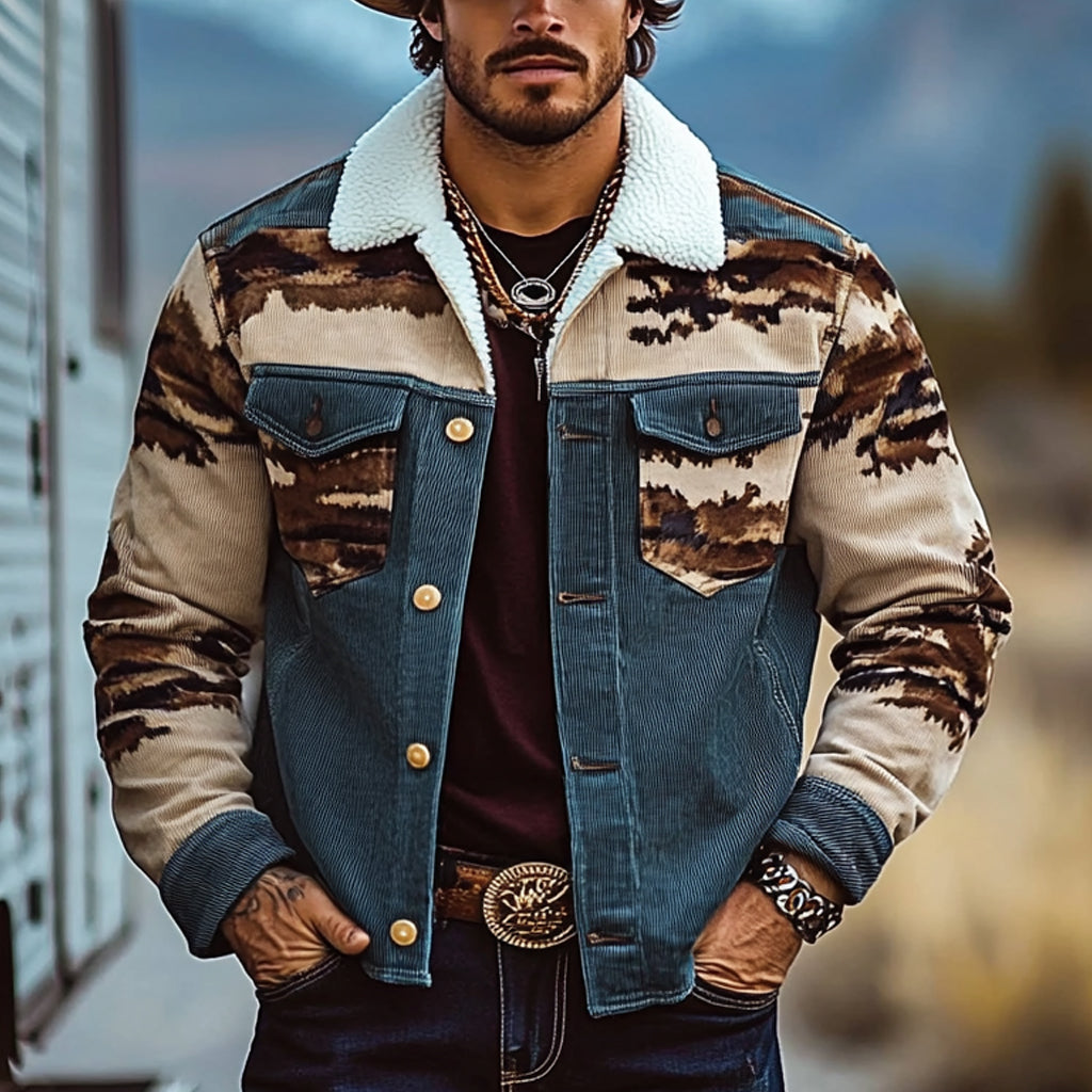 Men's Vintage Western Cowboy Printed Sherpa Jacket