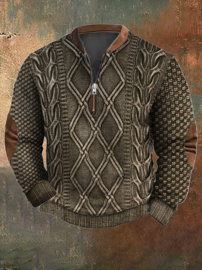 Men's Vintage Western Knit Print Zipper Stand Collar Casual Sweatshirt