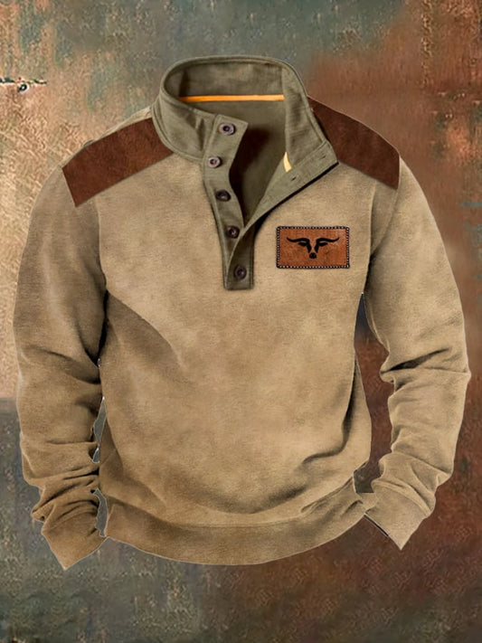 Men's Vintage Distressed Contrast Button Sweatshirt