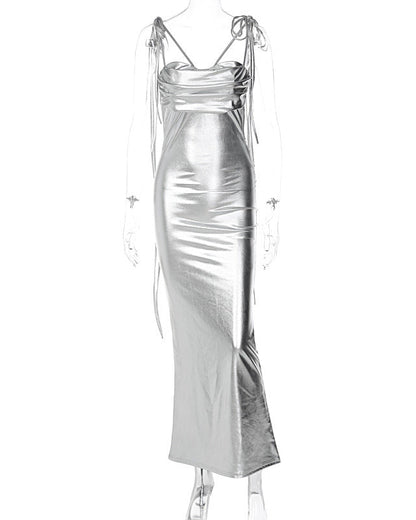 Silver Backless Suspender Long Pleated Slim Dress