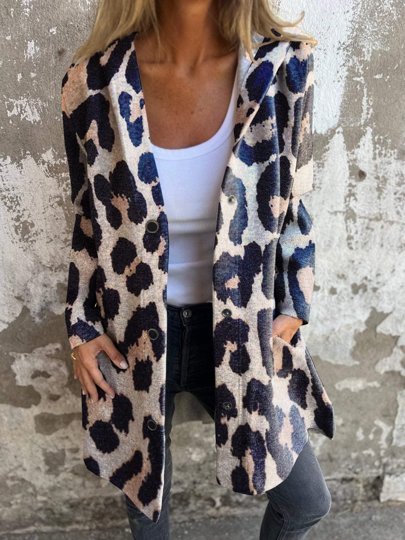 Classic Leopard Print Casual Long Sleeve Button Hooded Jacket