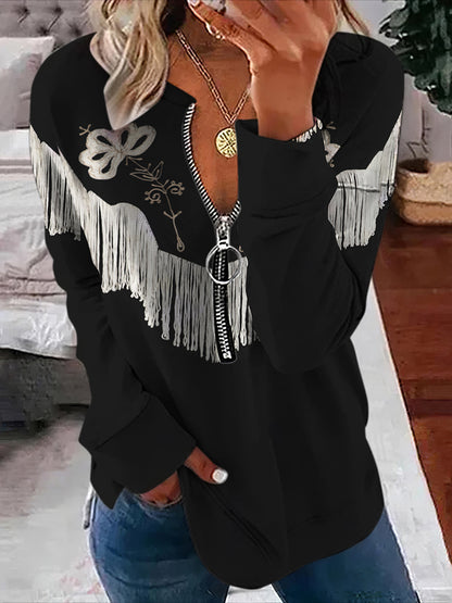 Western Fringed Print V-Neck Long Sleeved Sweatshirt