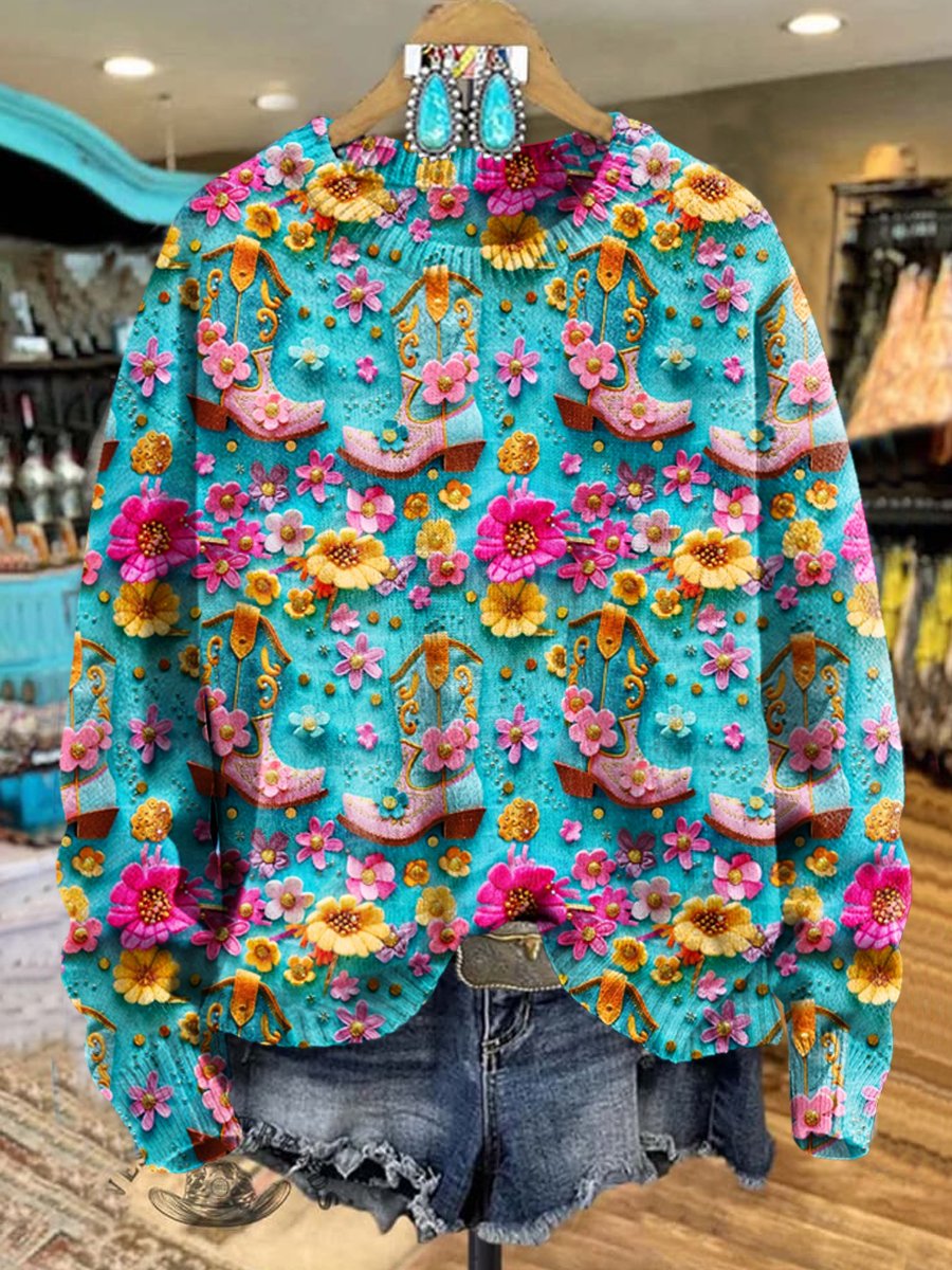 Turquoise Vintage Western Cactus Print Knit Pullover Sweater