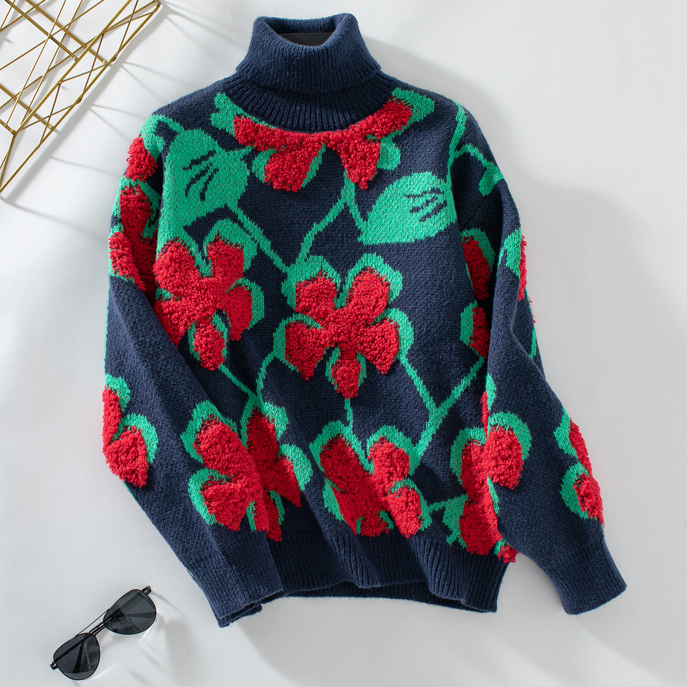 3D Flocked Flower Pattern Sweater For Women Autumn And Winter Lapel Knitted Sweater Top