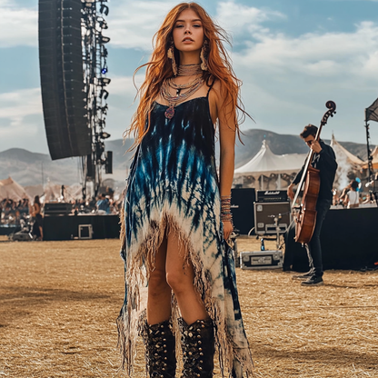 Coachella Music Festival Rock Rave Party Tie-Dye Ruffle Floral Fringed Lace Vintage Dress