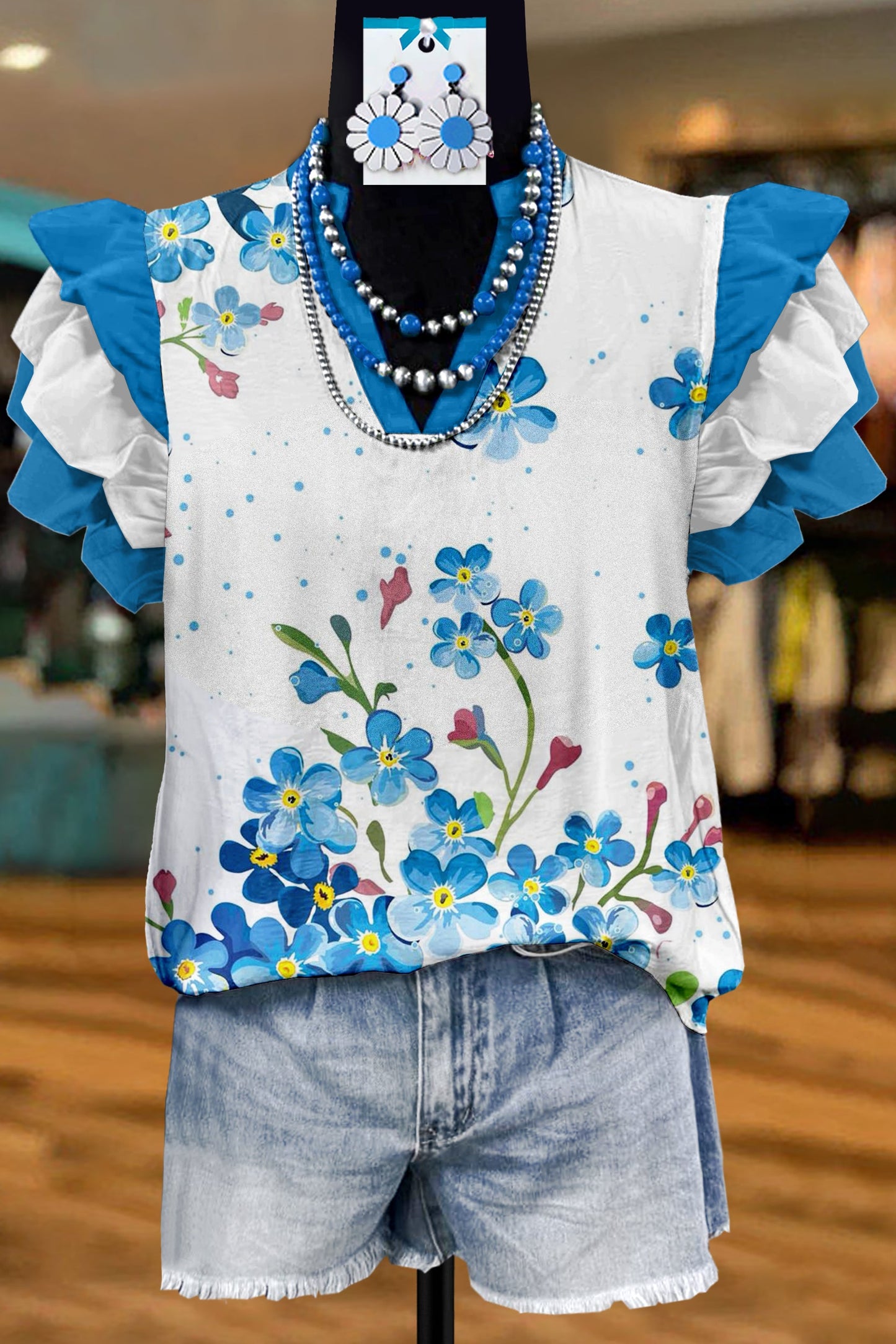 Classic Floral Print Fly Sleeve Blouse