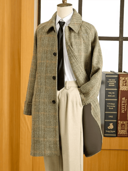 Men's Classic Herringbone Pattern Single-Breasted Open-Pocket Design Casual Woolen Coat (Belt Included)