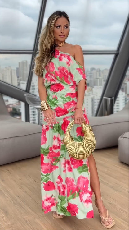 One Shoulder Floral Maxi Split Dress