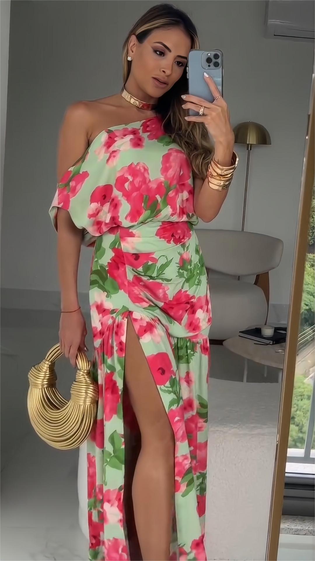 One Shoulder Floral Maxi Split Dress