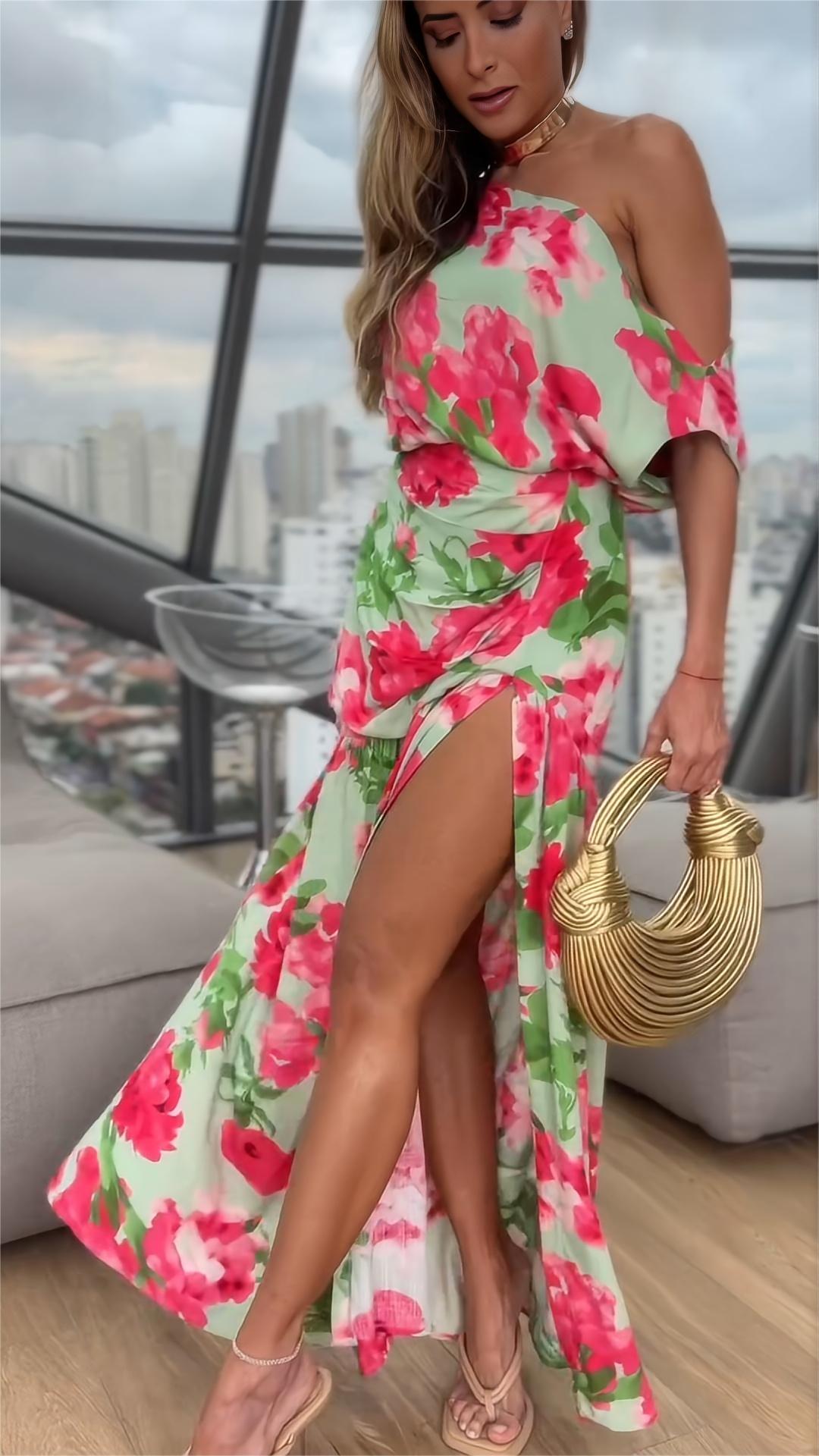 One Shoulder Floral Maxi Split Dress