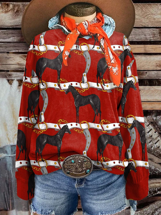 Women's Fashion Wild West Belt Plaid Black Horse Art Print Casual Print Corduroy Sweatshirt