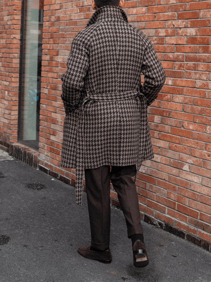 Men's Classic Houndstooth Single-Breasted Open-Pocket Design Casual Woolen Coat (Belt Included)