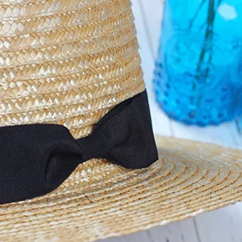 New Summer Women's Boater Beach Hat Wide side Female Casual Panama Hat Lady Classic Flat Bowknot Straw Sun Hat Women Fedora