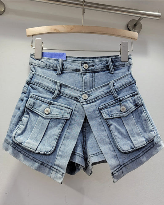 Slim High Waist Washed Fake Two Piece Wide Leg Denim Shorts