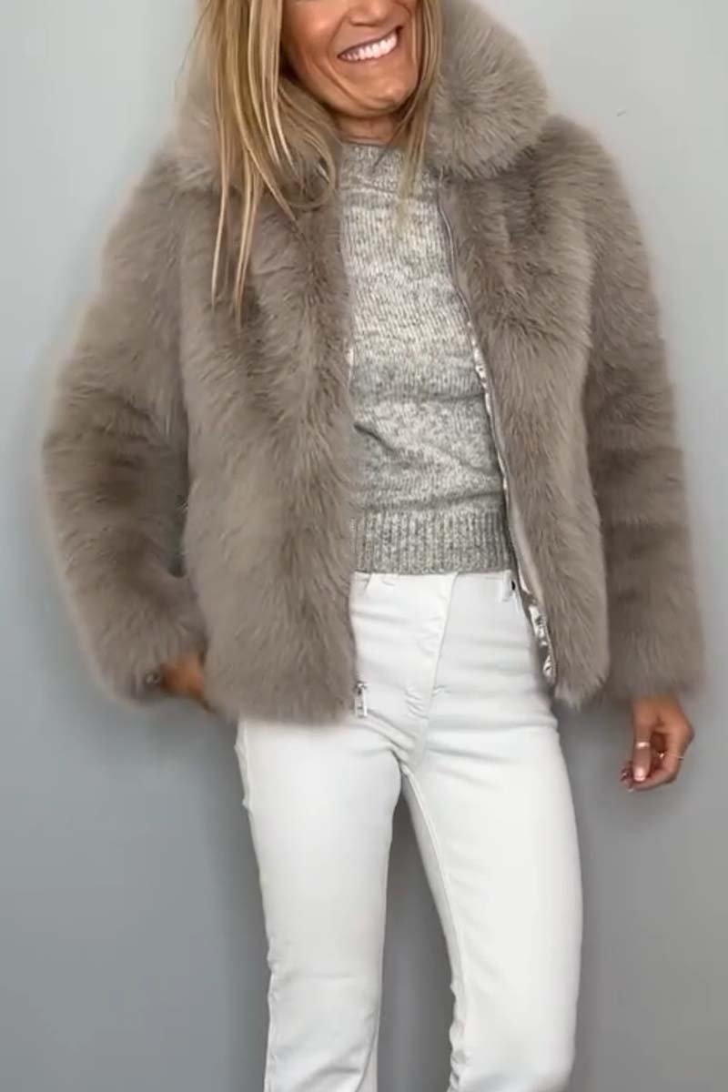 Women's Fashionable Solid Color Lapel Faux Fur Winter Short Coat