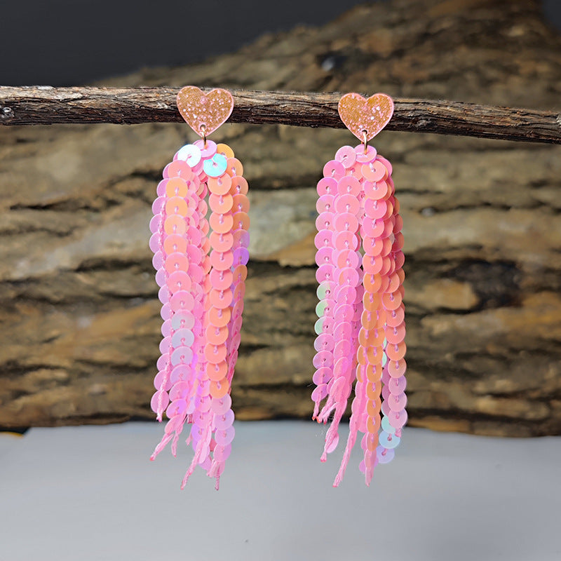 Valentine's Day Shiny Laser Sequin Love Tassel Earrings