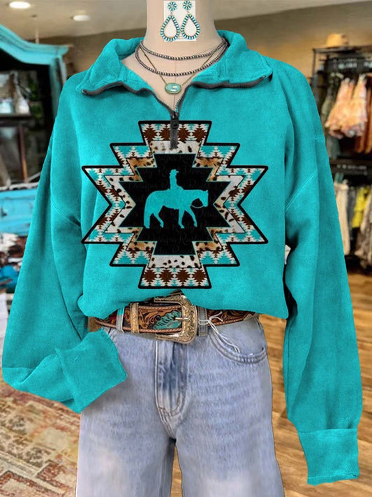 Aztec Print Casual Long Sleeve Zip Sweatshirt