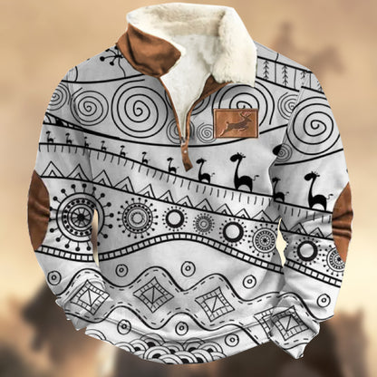 Men's Vintage Fleece Tribal Ethnic Prints Elk Logo Zipper Fur Collar Sweatshirt