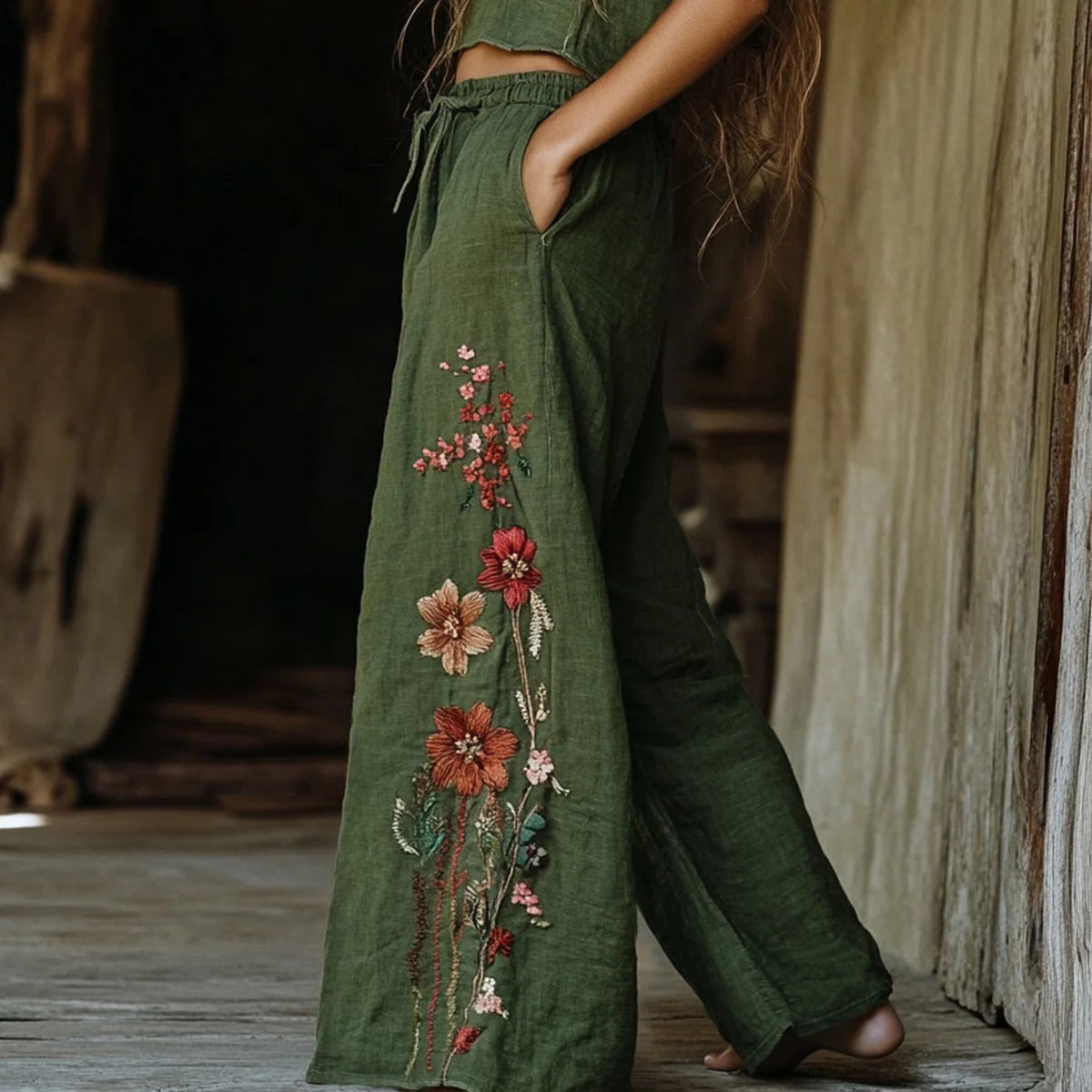 Women's Retro Linen Bohemian Flowers Ethnic Print Long Loose Wide-leg Trouser Pants