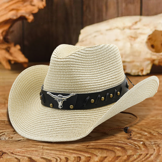 Western Bull Head Belt Cowboy Straw Hat