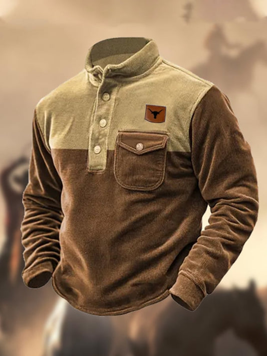 Men's Vintage Yellowstone Corduroy Contrast Button Henley Stand Collar Pocket Outdoor Sweatshirt