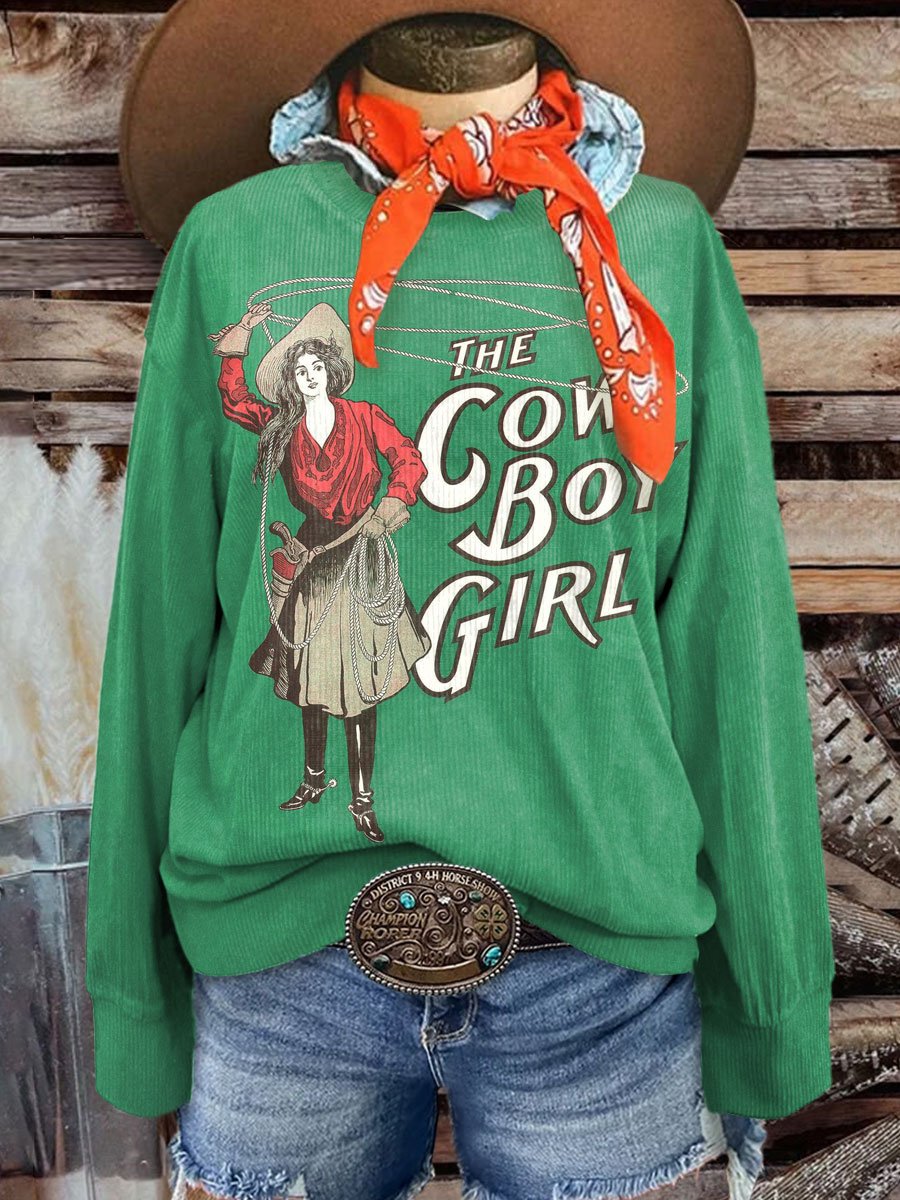 Women's Western Casual Print Corduroy Sweatshirt