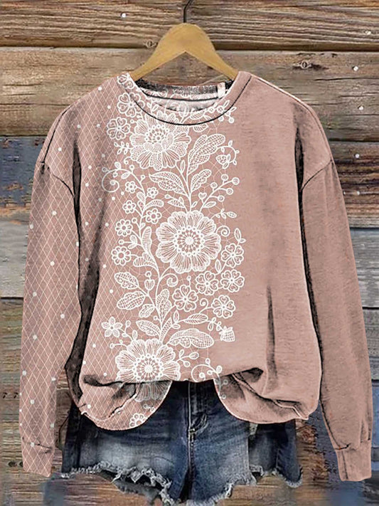 Vintage Lace Pattern Casual Sweatshirt