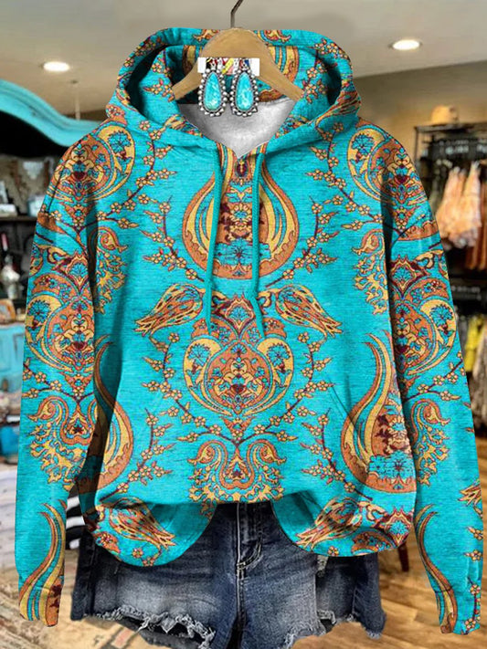 Retro Cyan Symmetrical Flowers Art Print Casual Hoodie Sweatshirt