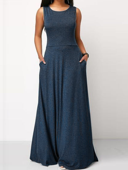 Plain Pockets Cut Out Crew Neck Sleeveless Maxi Dress [Pre-Order]