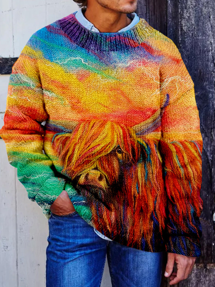 Men's Colorful Highland Cow Felt Art Cozy Sweater