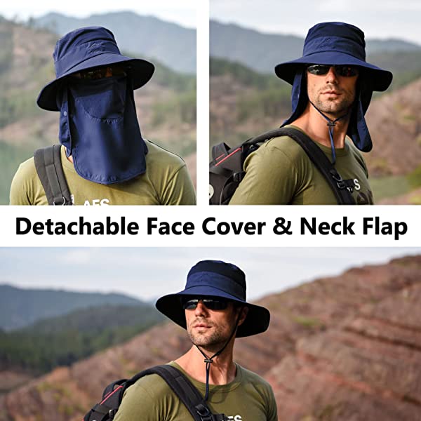 UPF 50+ Sun Fishing Hat for Men Women Wide Brim Hat with Detachable Face Cover & Neck Flap Khaki