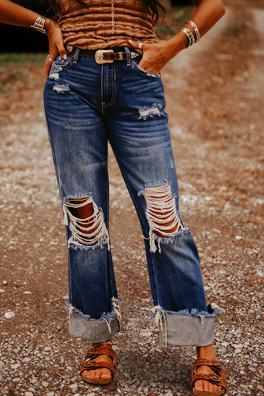 Vintage Washed Distressed Wide Leg Jeans