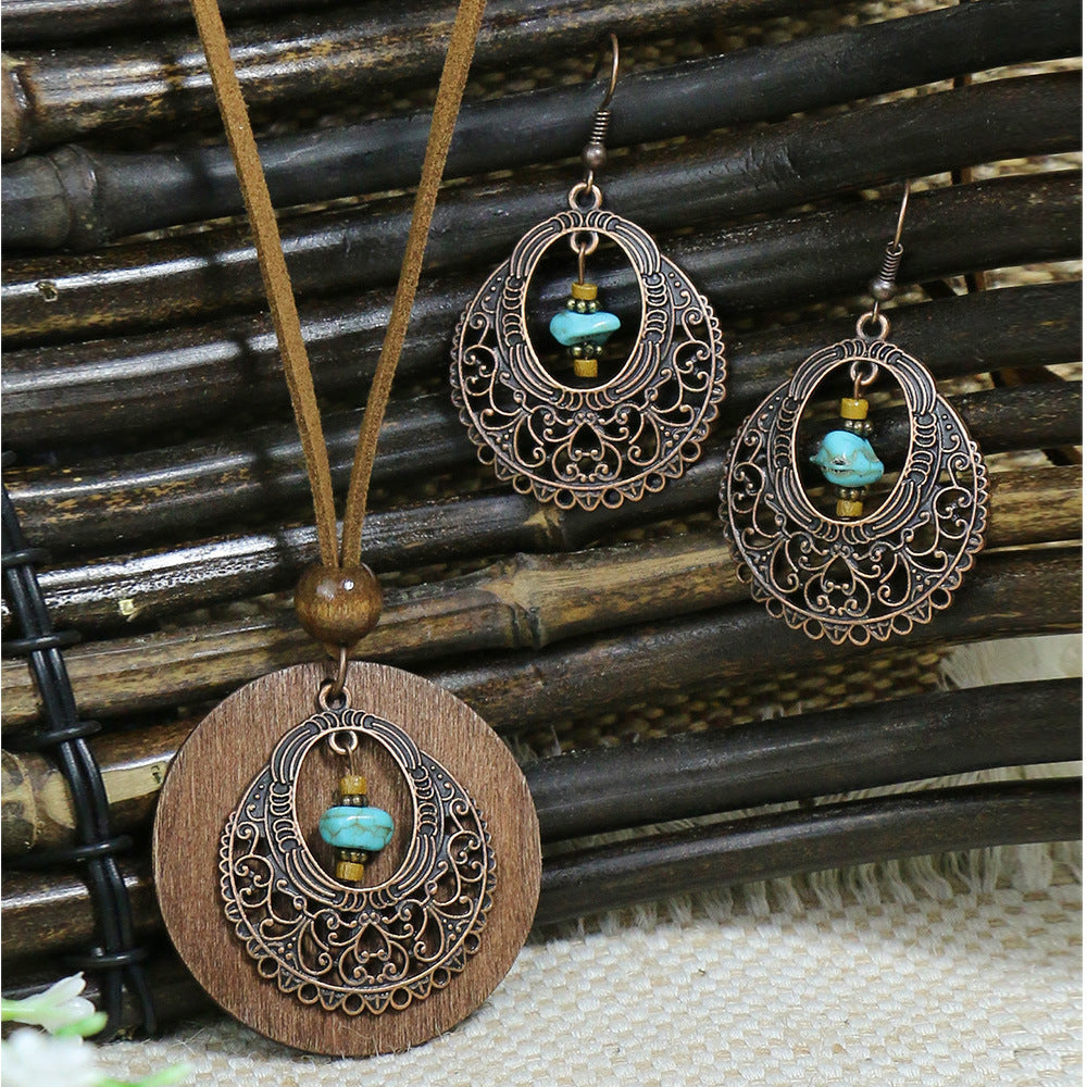 Women's Bohemian Retro Wooden Necklace Earring Set