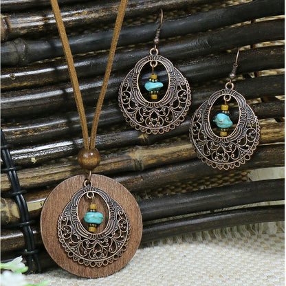 Women's Bohemian Retro Wooden Necklace Earring Set